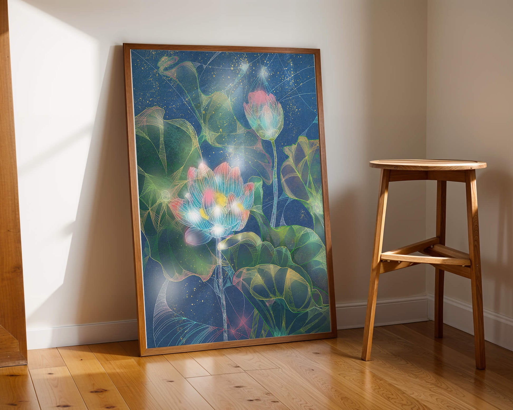 Bunte Lotusblumen mit abstraktem kosmischen Hintergrund