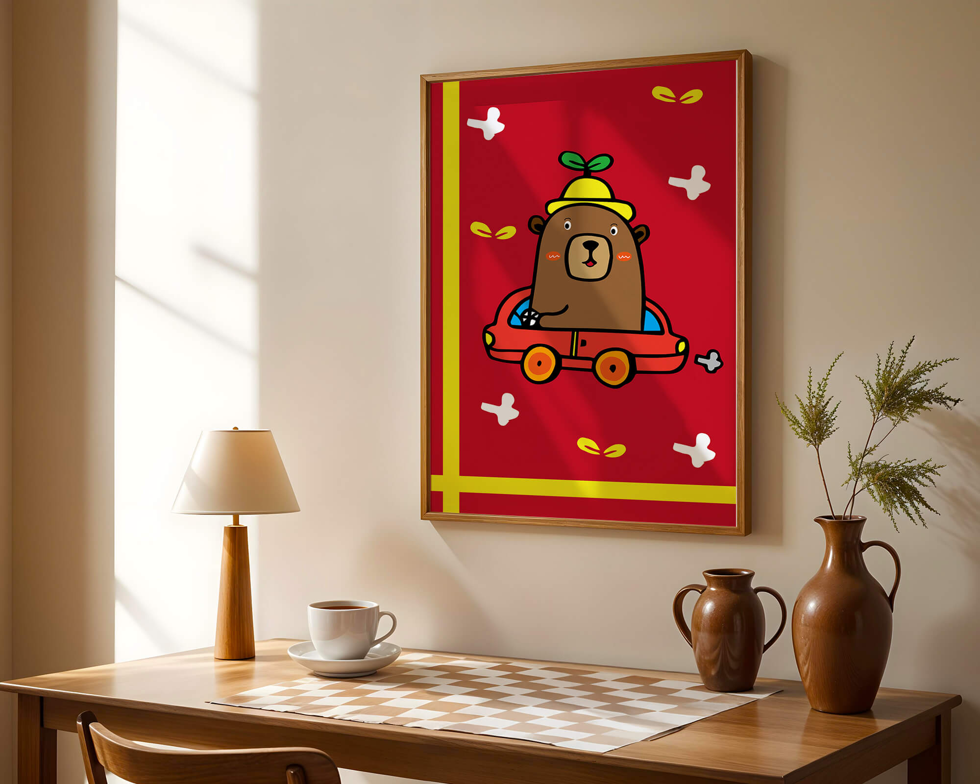 Whimsical bear driving a car on a bright red background