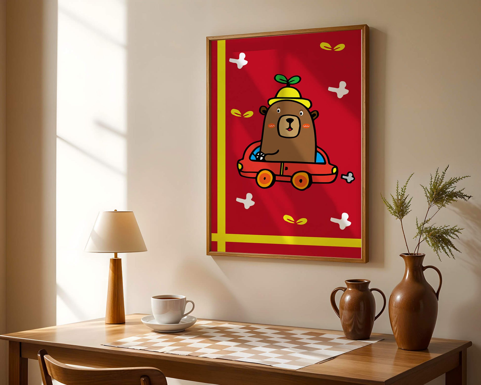 Whimsical bear driving a car on a bright red background