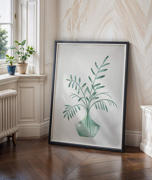 Illustration minimaliste à l’aquarelle de feuilles vertes dans un vase en verre