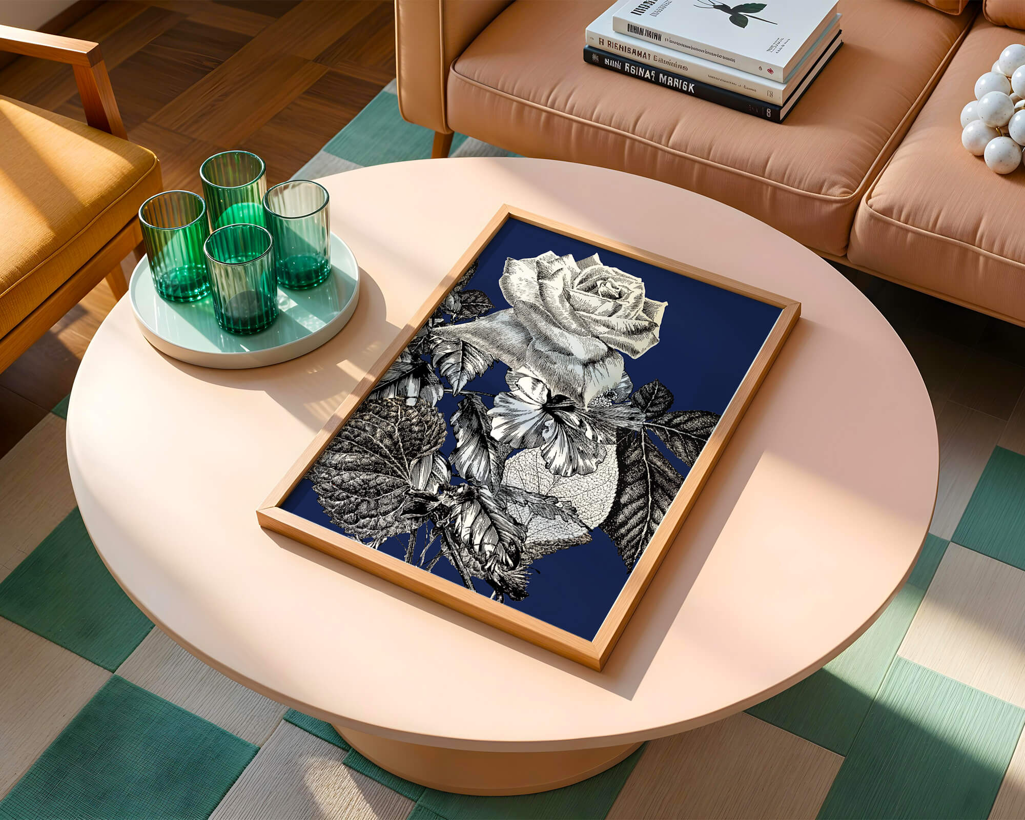 Intricate botanical illustration of roses and foliage on a deep blue background