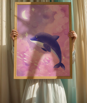 Dreamlike underwater scene with dolphin and moonlit sky