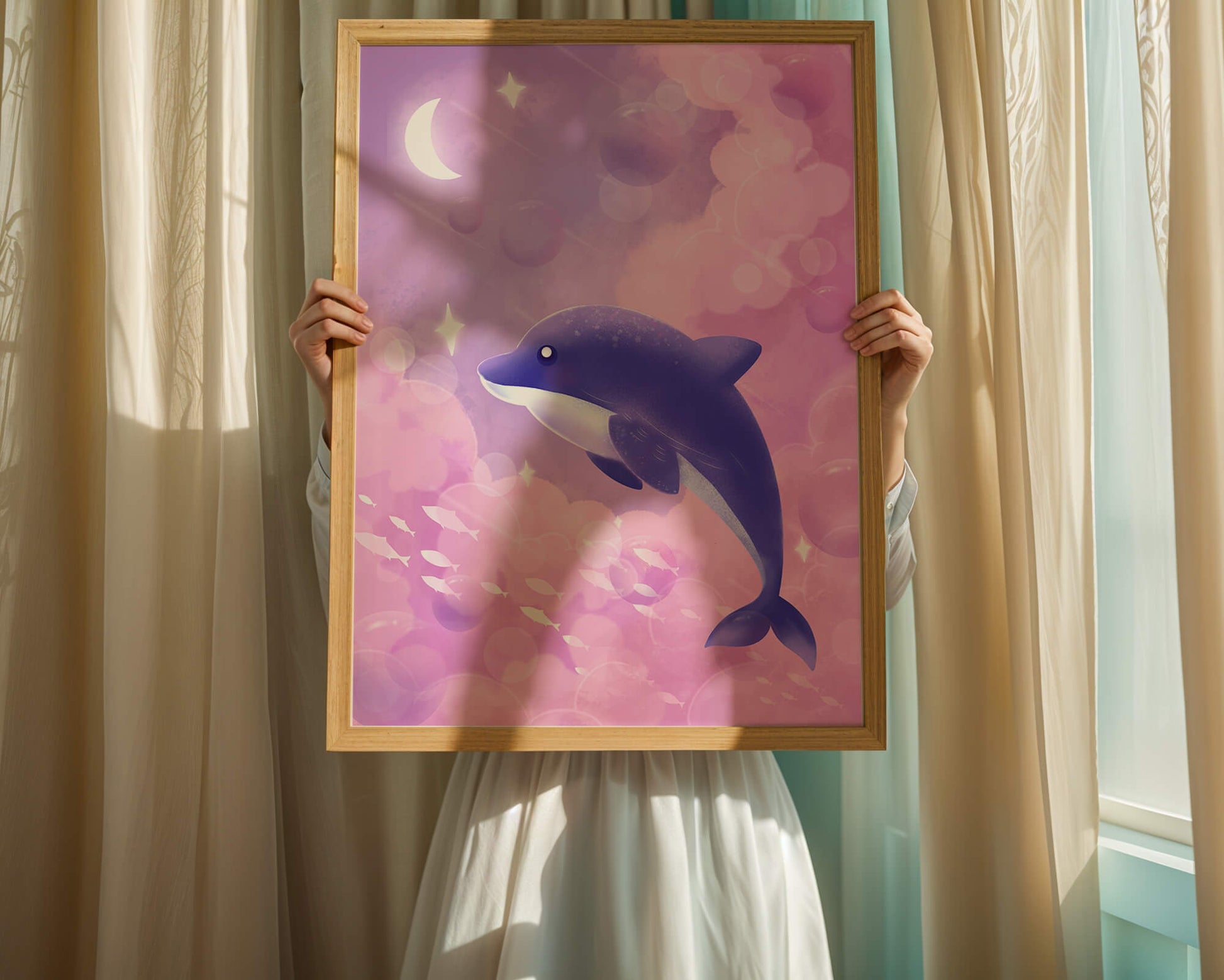 Dreamlike underwater scene with dolphin and moonlit sky