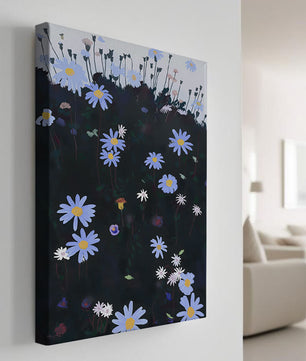 Field Of Blue And White Daisies On A Dark Background