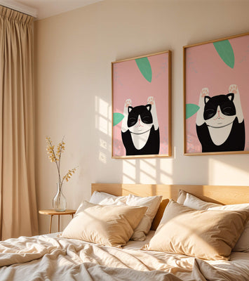 Illustrated cat on pink background with leaves