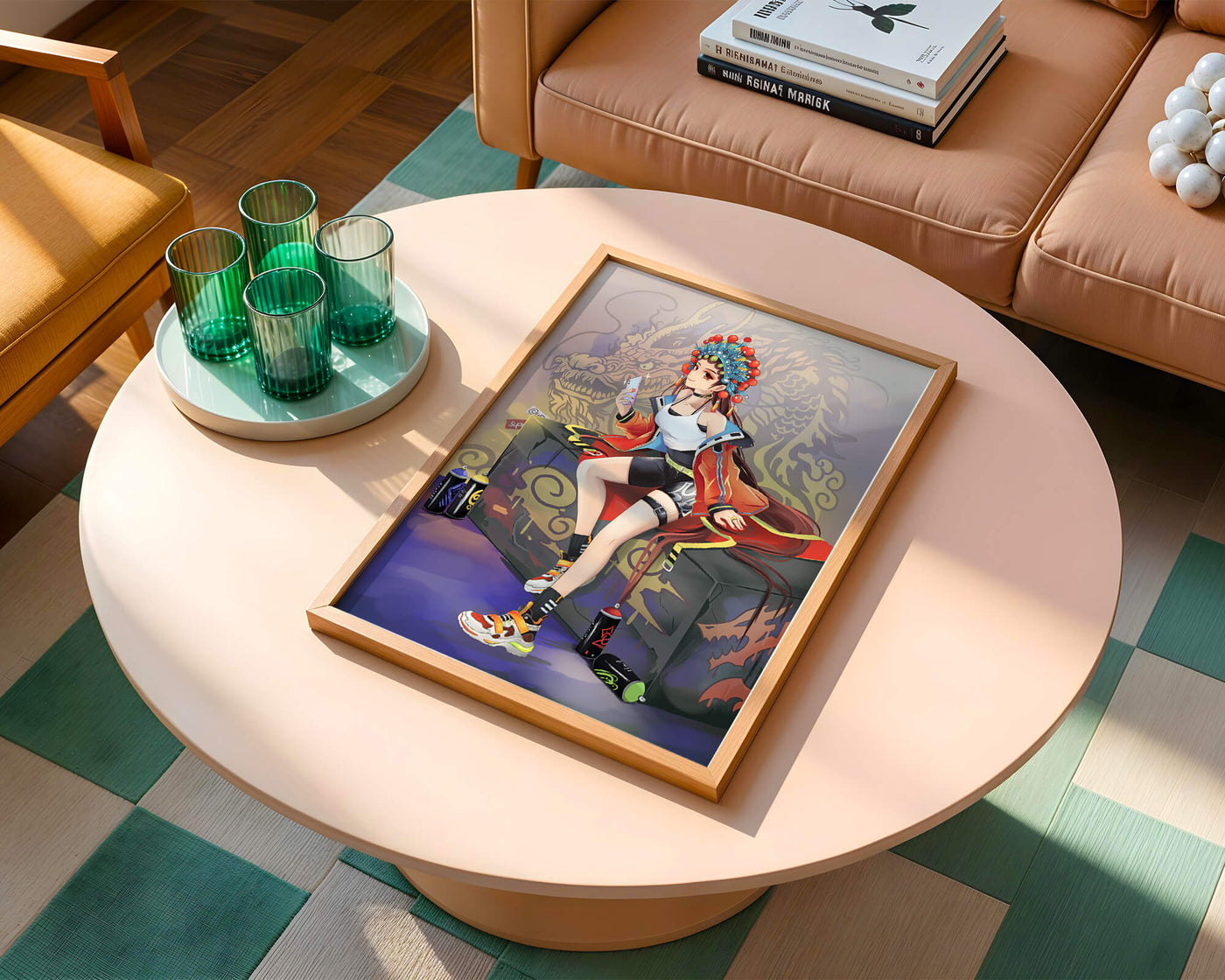 Anime art of a girl in traditional attire with urban elements