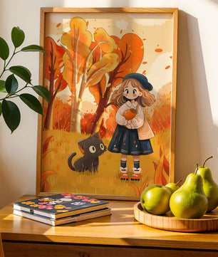 Girl with Cute Cat in Autumn Forest with Colorful Leaves