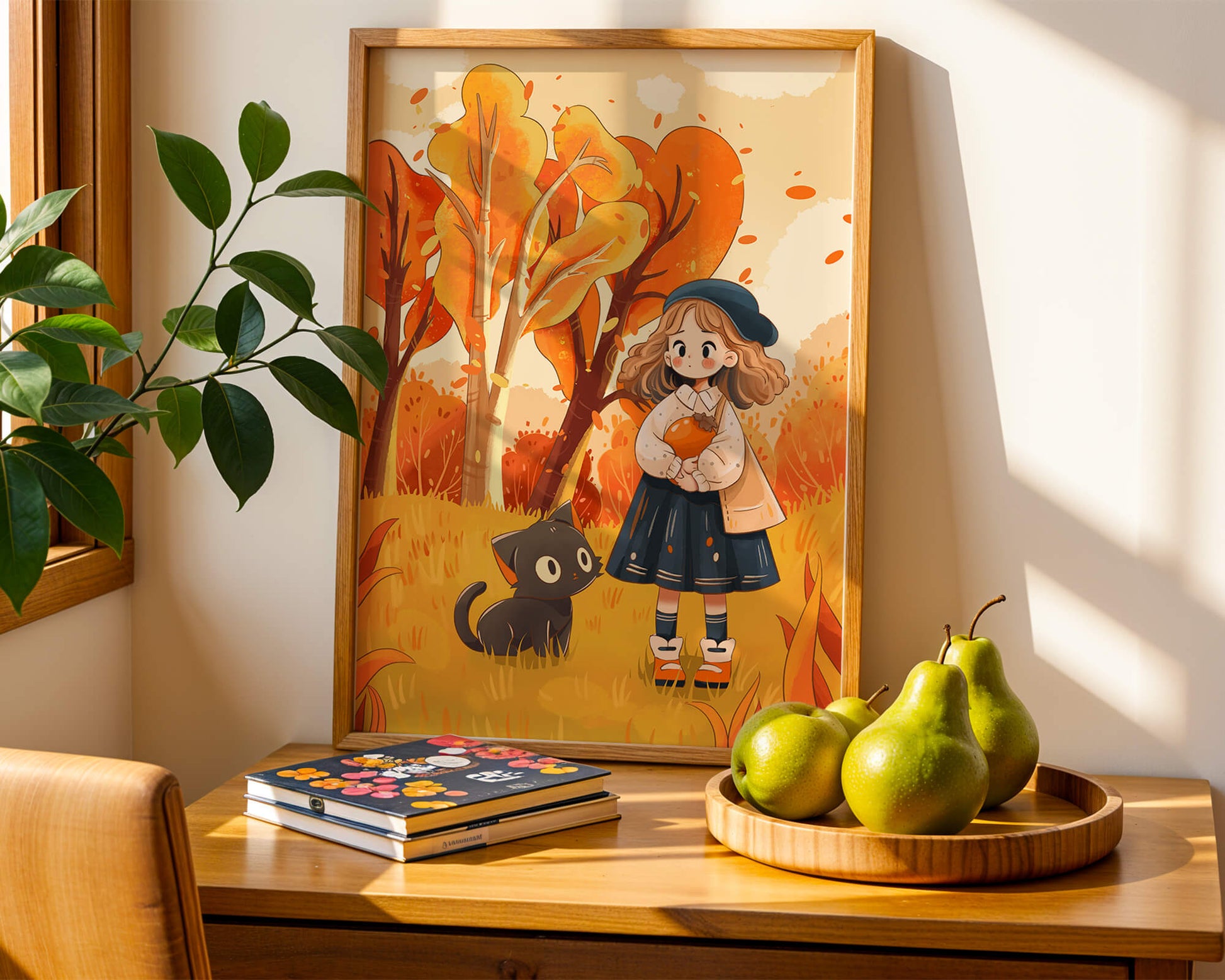 Girl with Cute Cat in Autumn Forest with Colorful Leaves