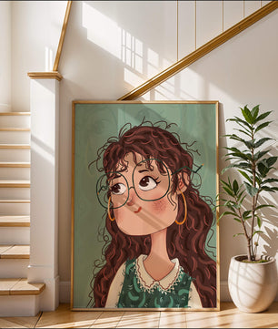 Illustration of a Thoughtful Girl with Glasses and Curly Hair