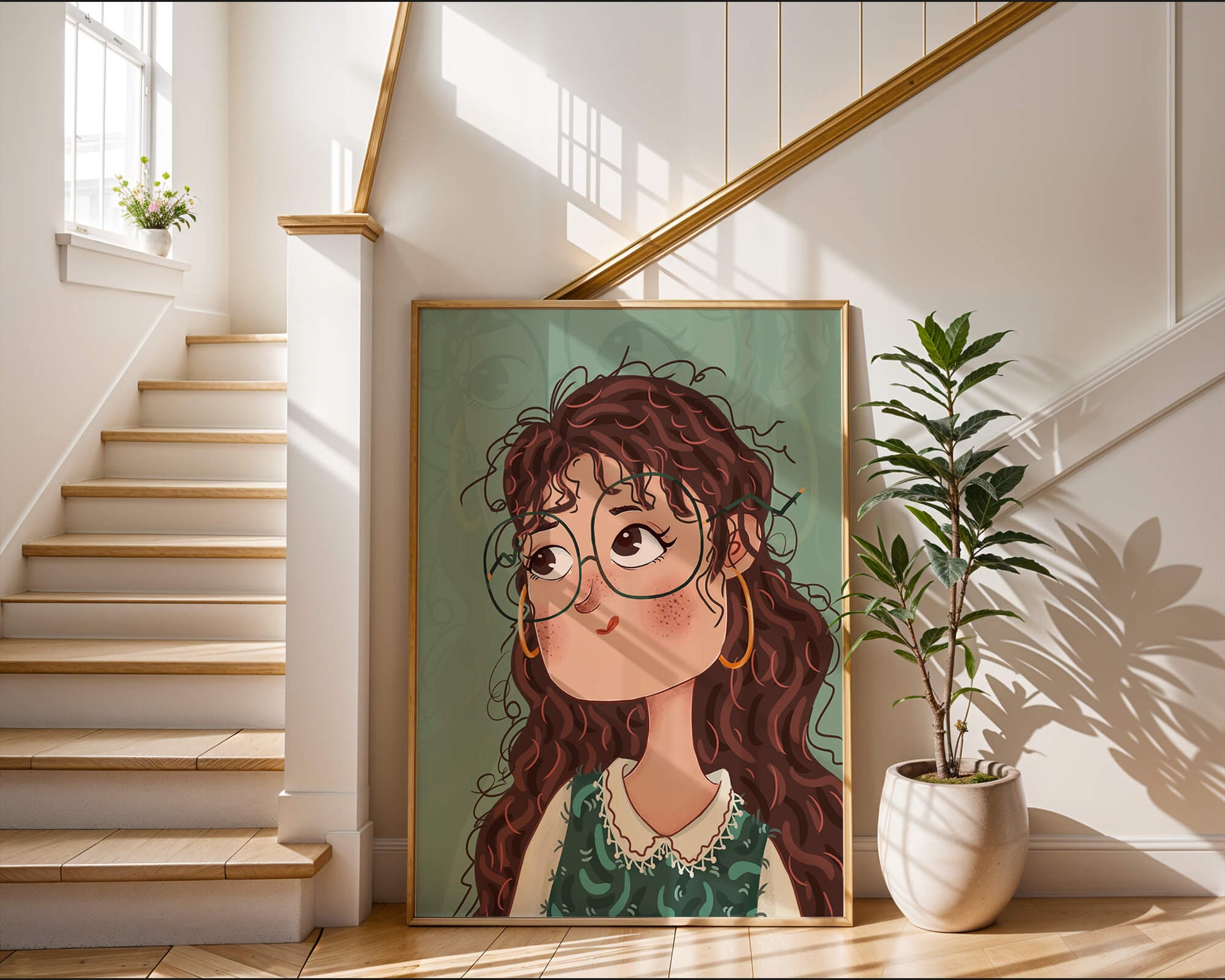 Ilustración de una chica pensativa con gafas y pelo rizado