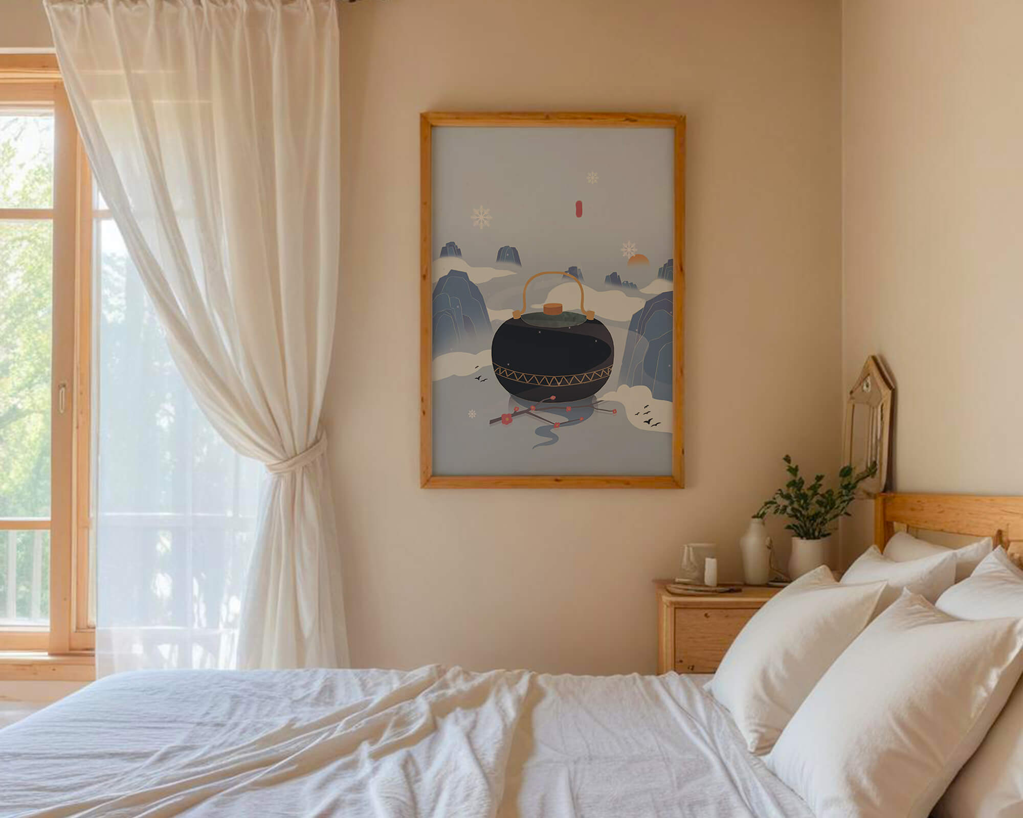 Peaceful winter landscape with kettle and cherry blossoms