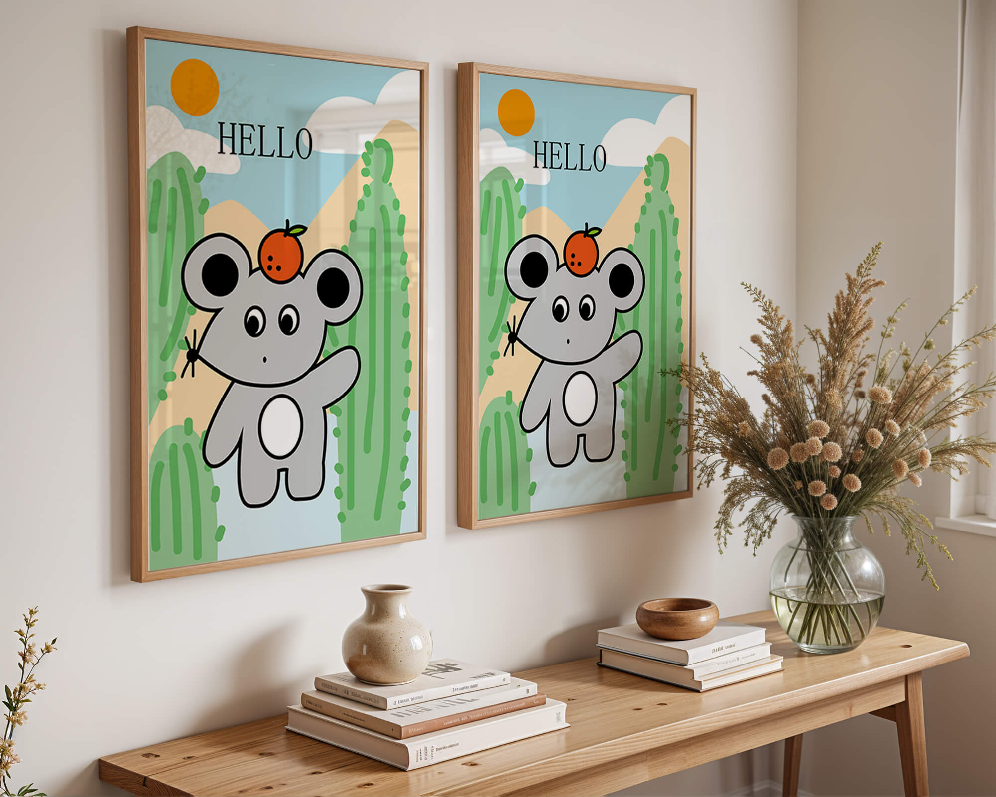 Cute illustration of a mouse with an orange on a sunny background
