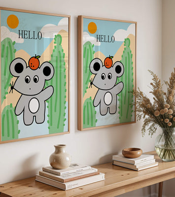 Cute illustration of a mouse with an orange on a sunny background