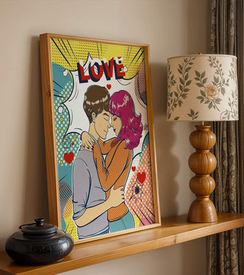 Romantic Pop Art Illustration with Embracing Couple and Love Text