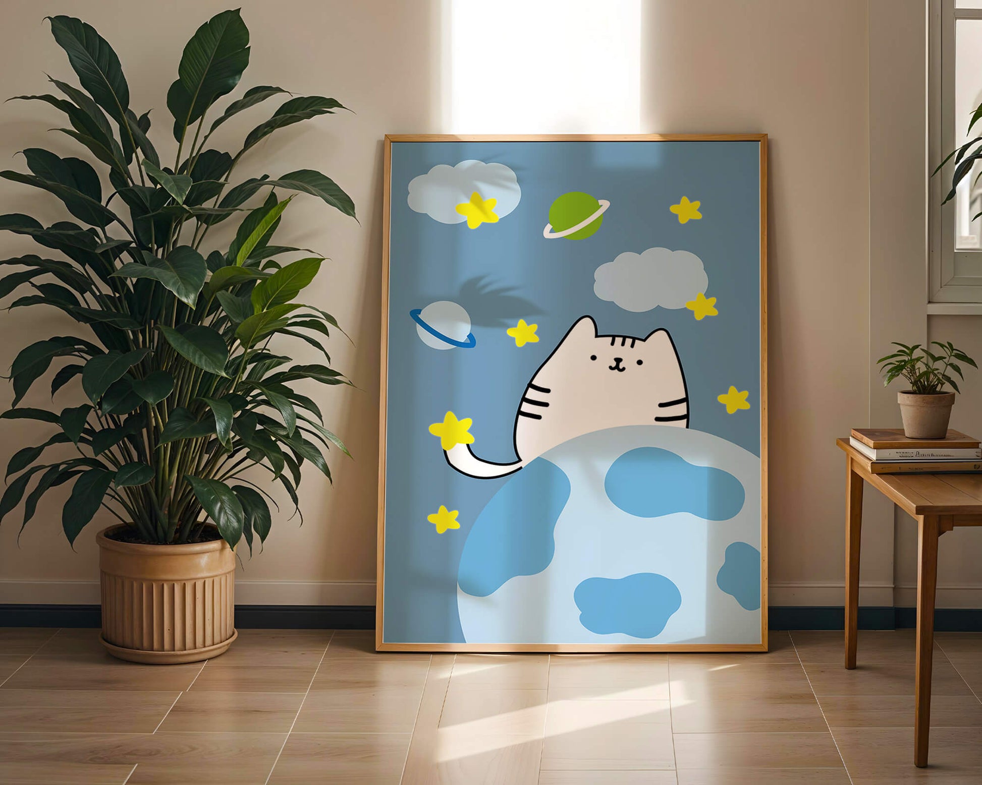 Ilustración encantadora de un gatito en una escena espacial caprichosa con nubes y estrellas