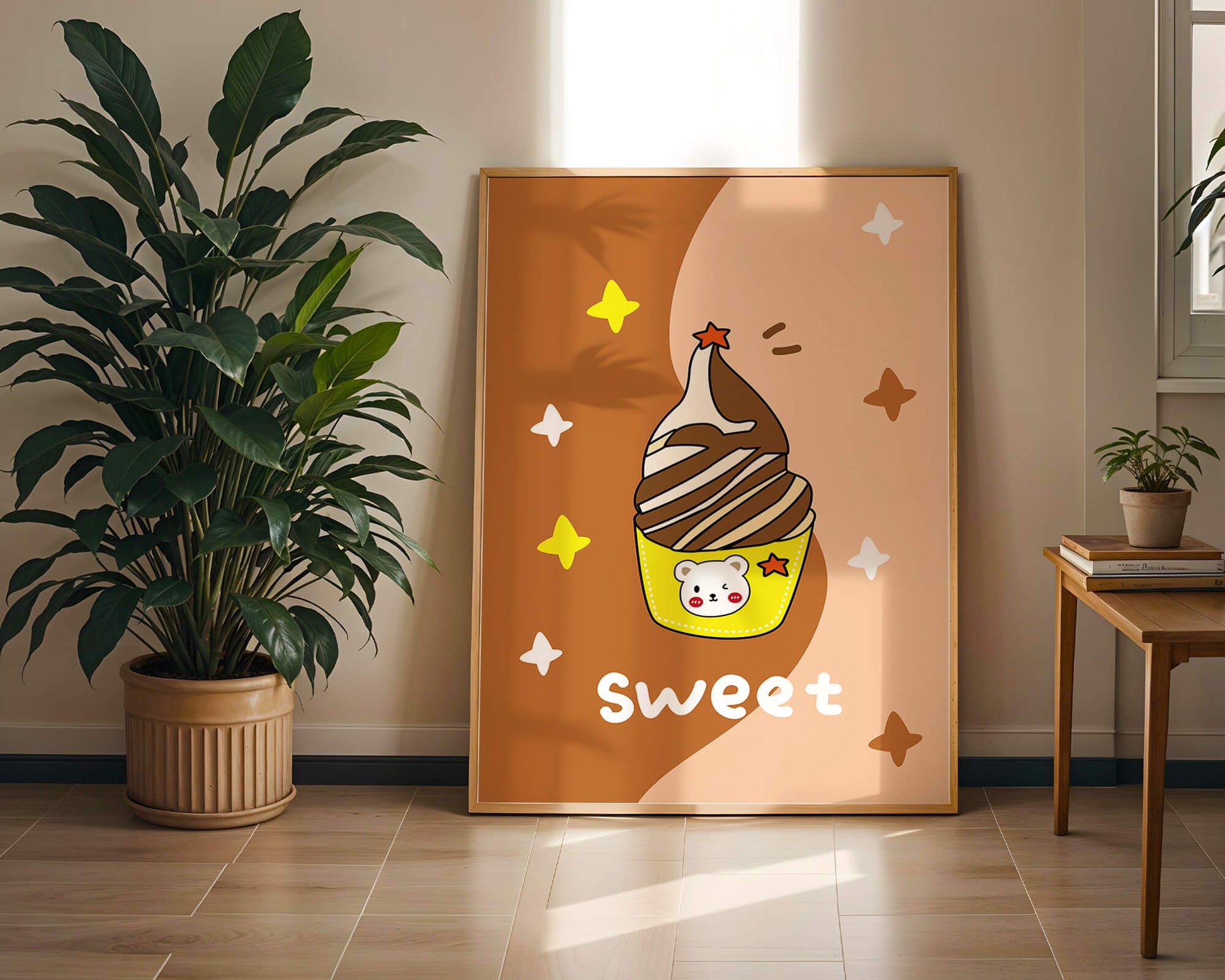 Adorable ice cream design with kawaii bear and colorful background