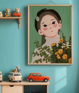 Illustration of a girl with flowers and a beret on a green background