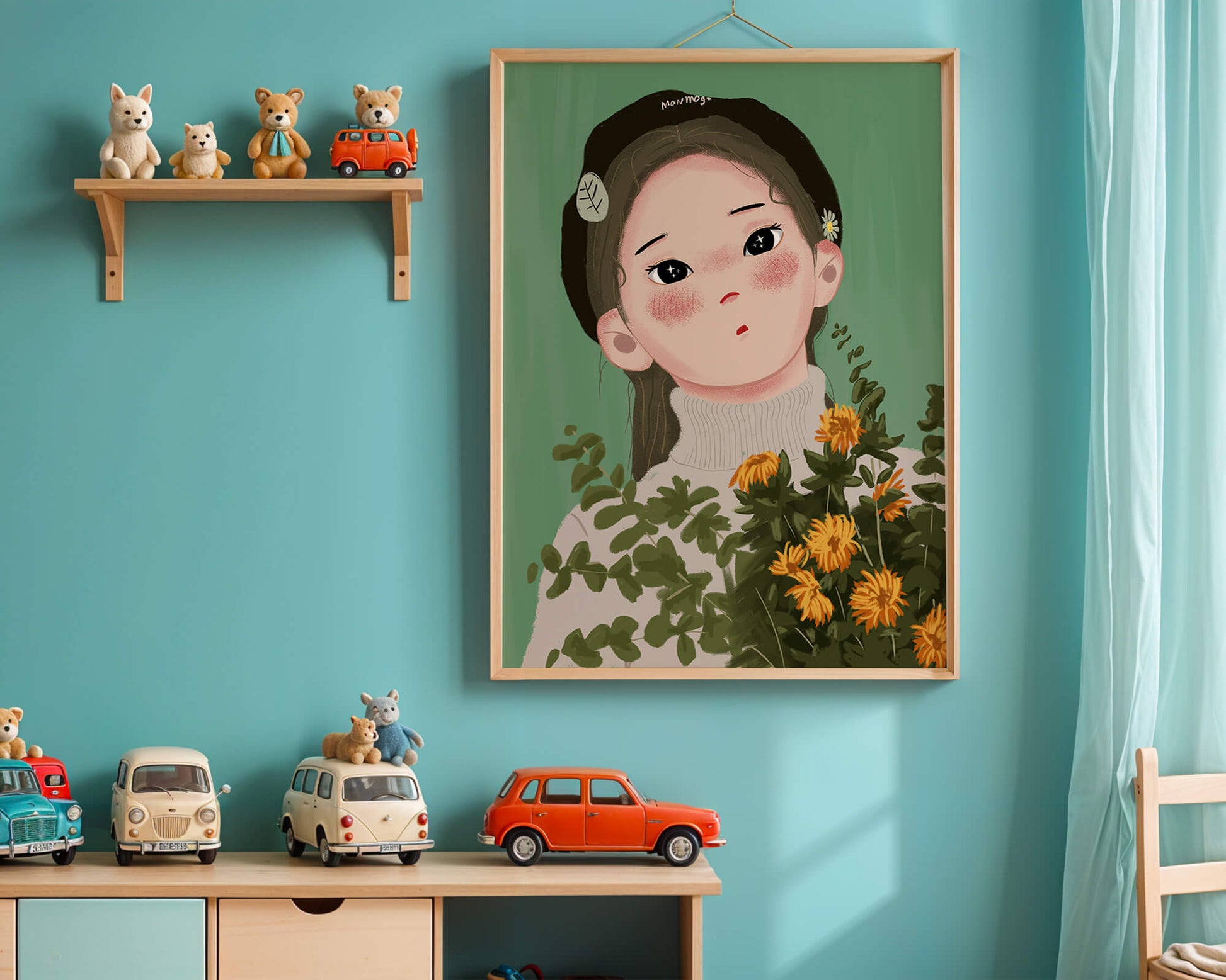 Illustration of a girl with flowers and a beret on a green background