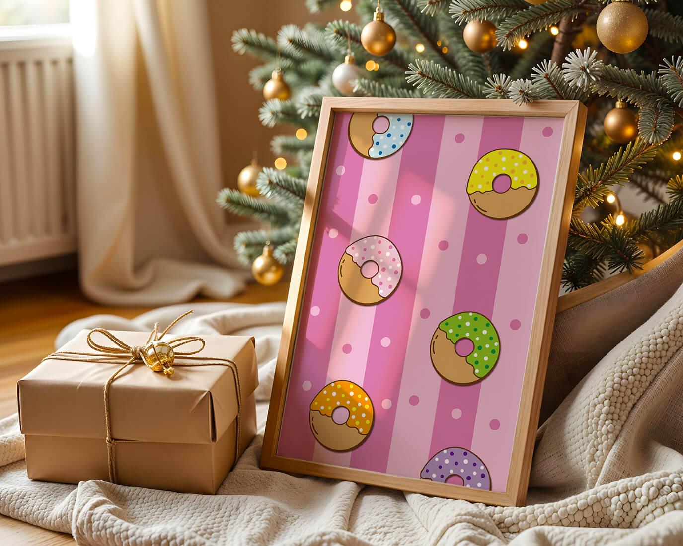 Colorful donut pattern on pink striped background