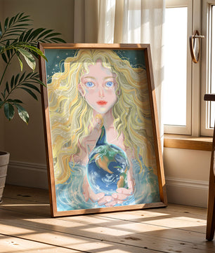 Fantasy artwork of woman holding earth with shimmering details