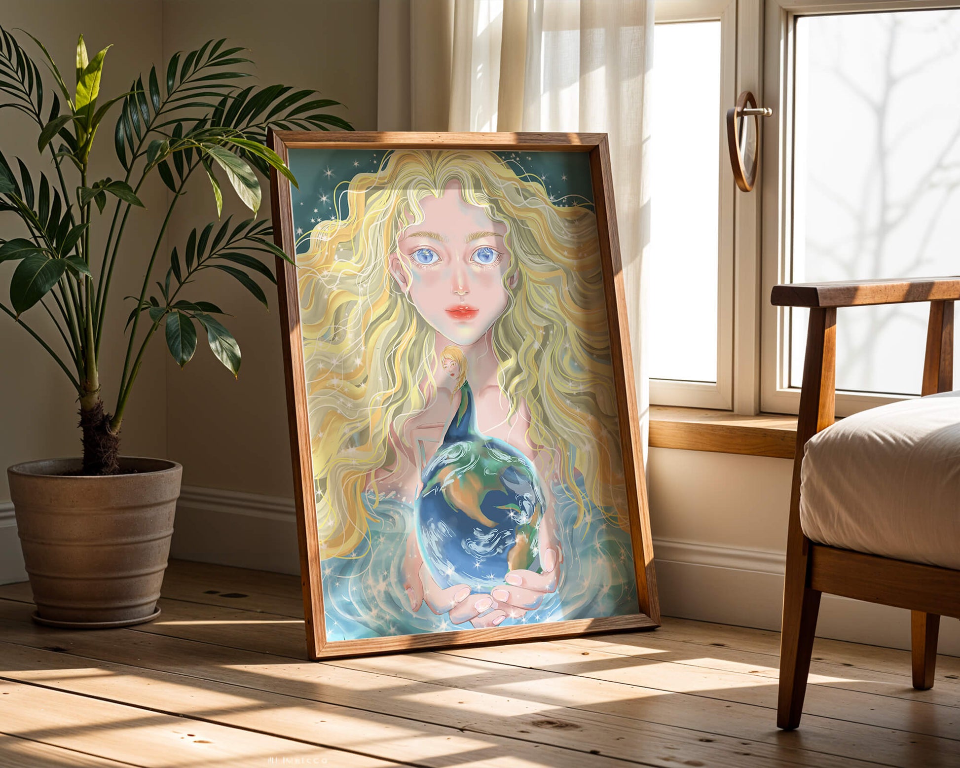 Fantasy artwork of woman holding earth with shimmering details