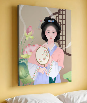 Elegant traditional Asian woman in pastel attire with floral background