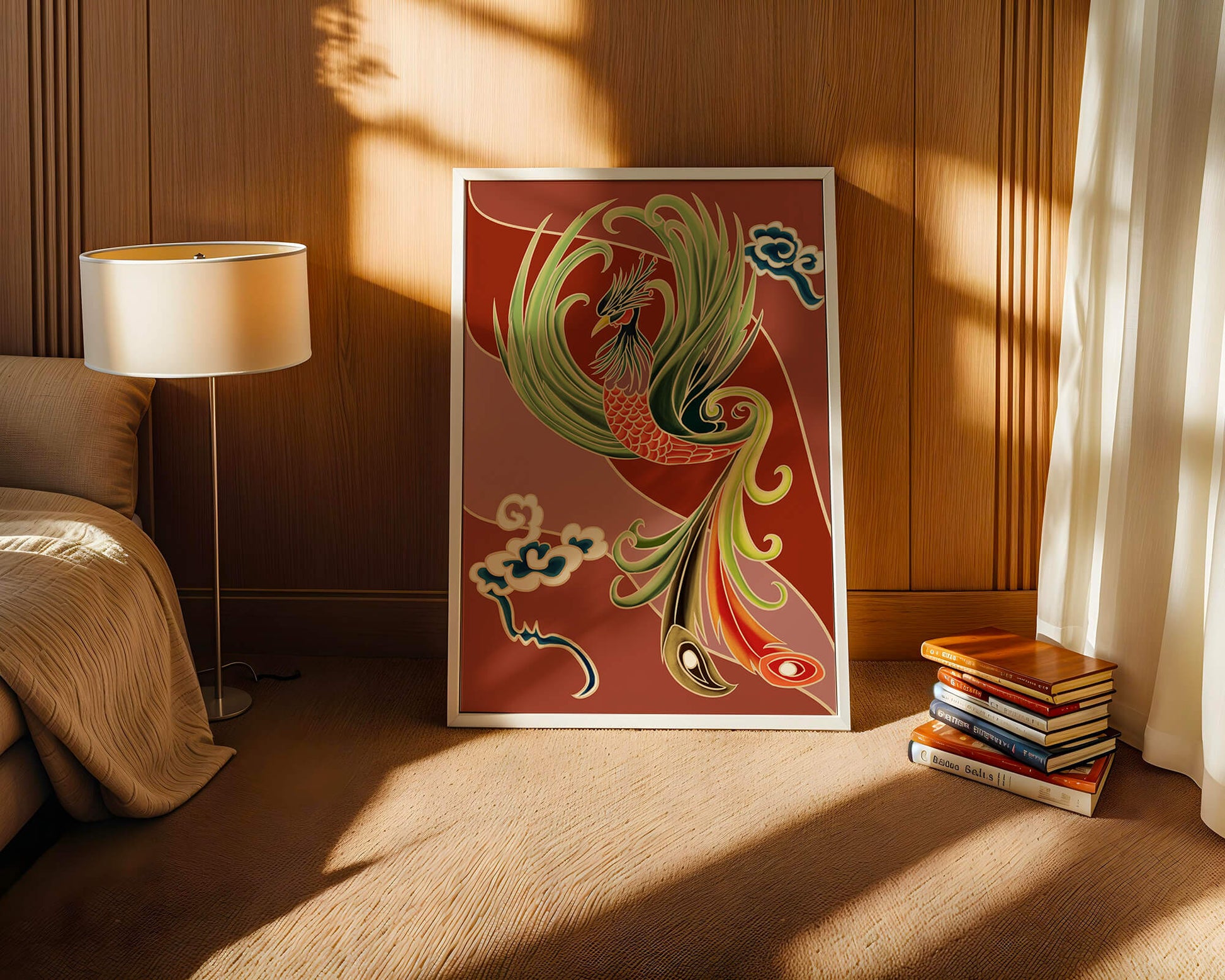 Stylized phoenix illustration with vibrant colors and clouds