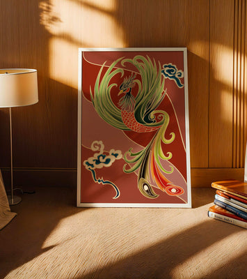 Stylized phoenix illustration with vibrant colors and clouds