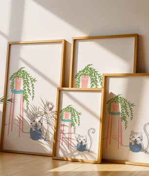 Cat Playing with Yarn Beside a Potted Plant on Pink Stool - Mi tienda