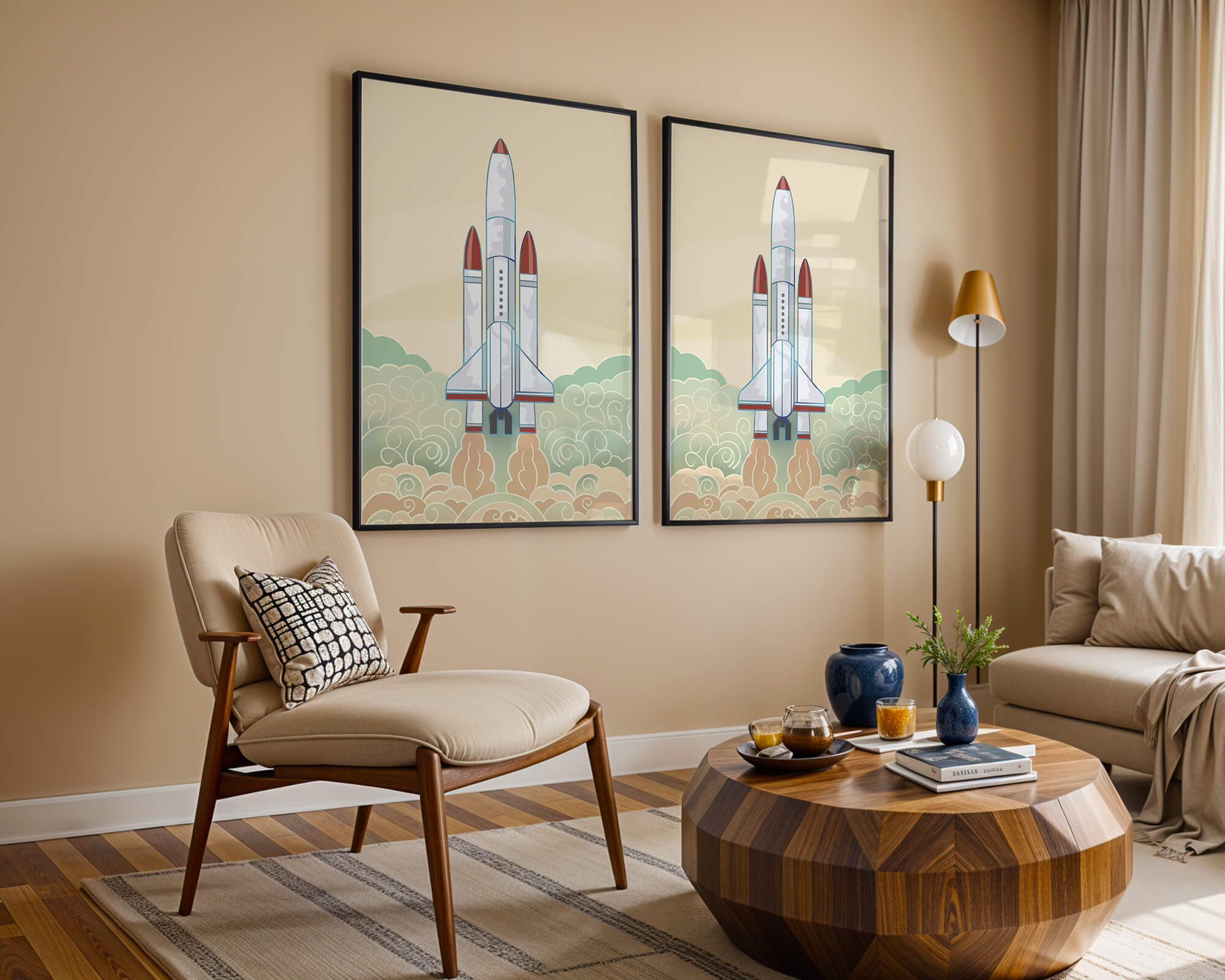 Colorful rocket launch from vintage-style clouds