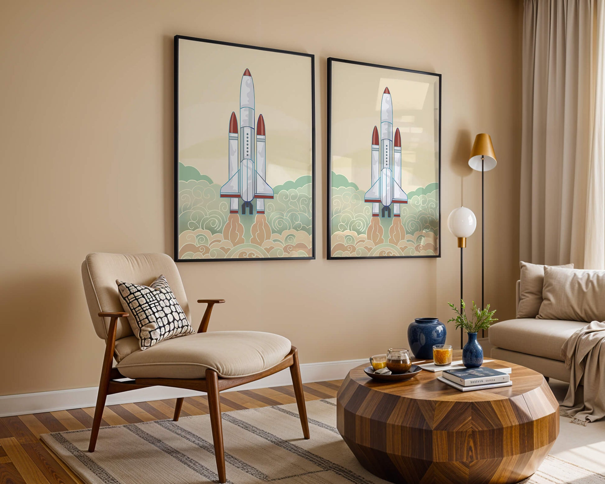 Colorful rocket launch from vintage-style clouds