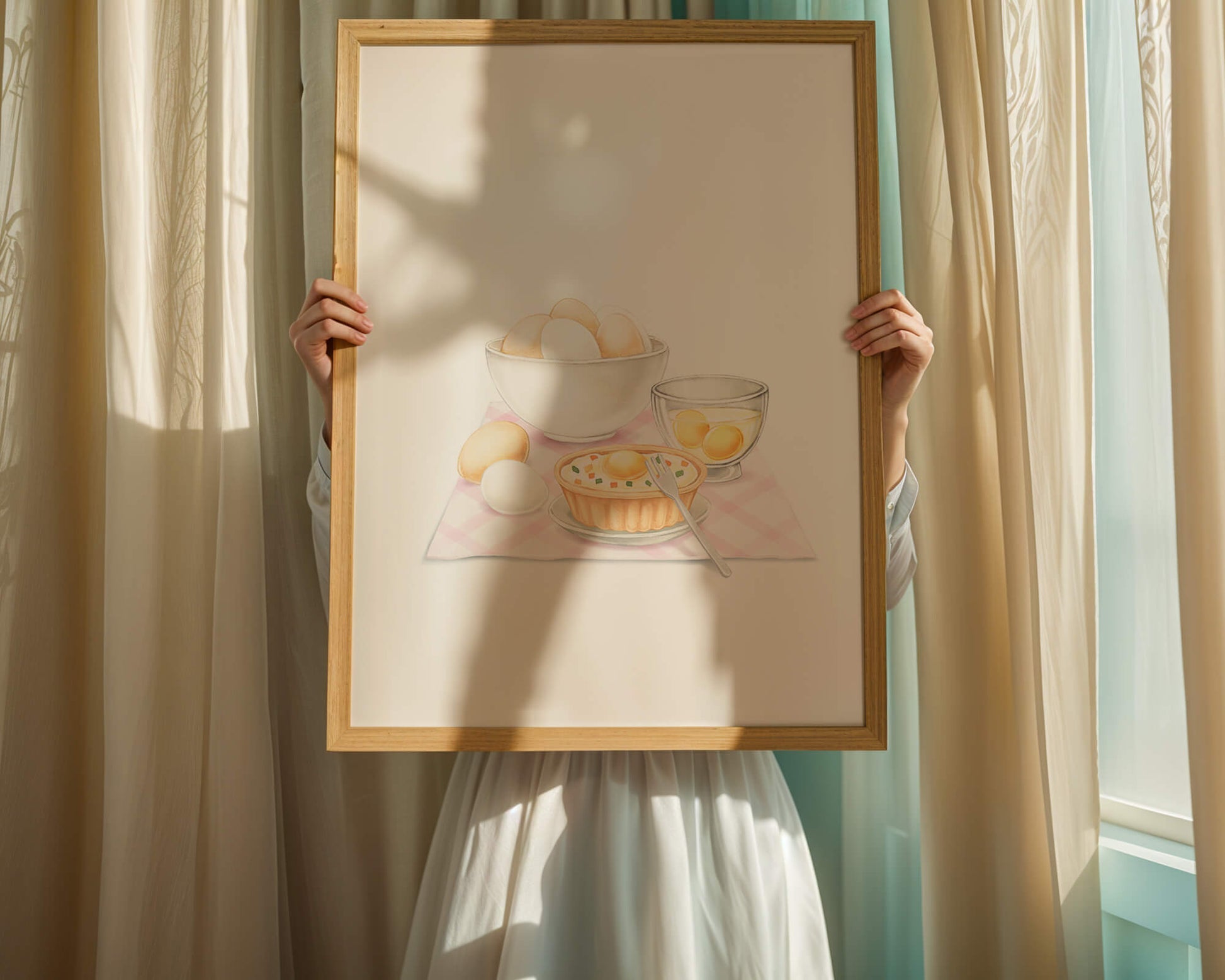bowl of eggs and quiche on checkered cloth with fork in kitchen setting
