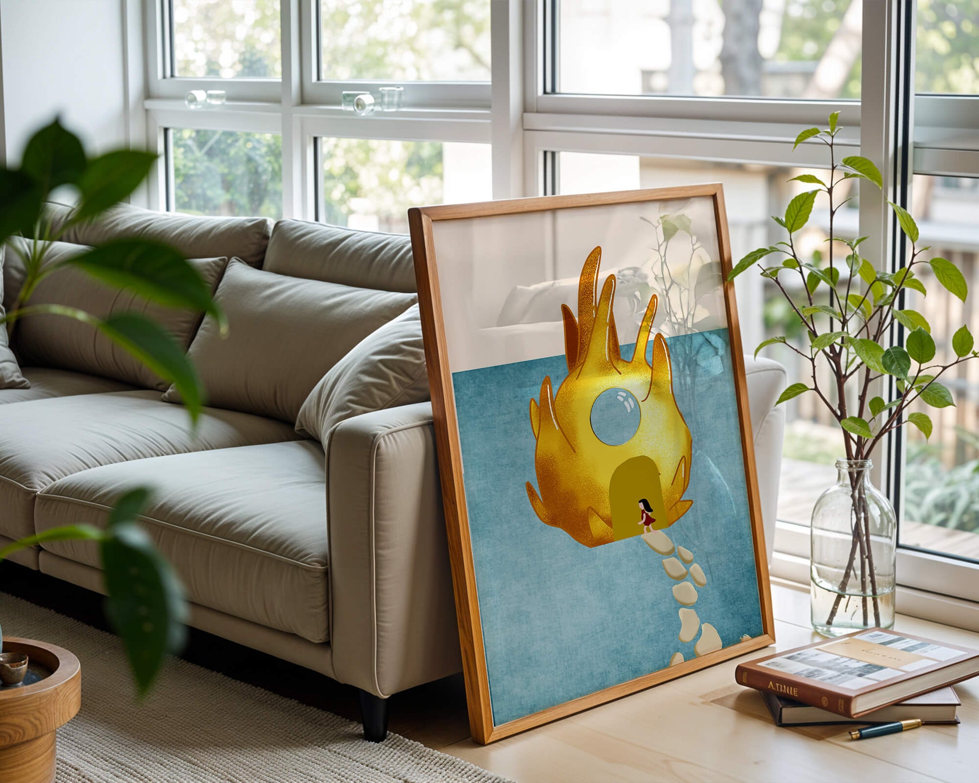 Enchanted House With Golden Flame Shape On Light Blue Background