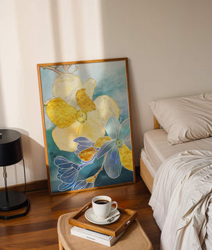 Abstract Floral Art with Golden Accents on Blue Background