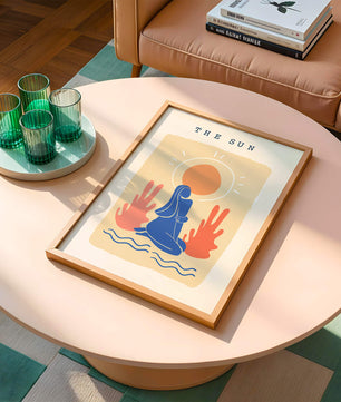 Modern abstract art poster featuring the sun and a serene figure in blue and coral tones - Mi tienda