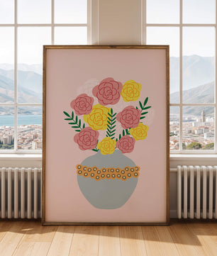 Colorful flower bouquet in a decorative vase illustration