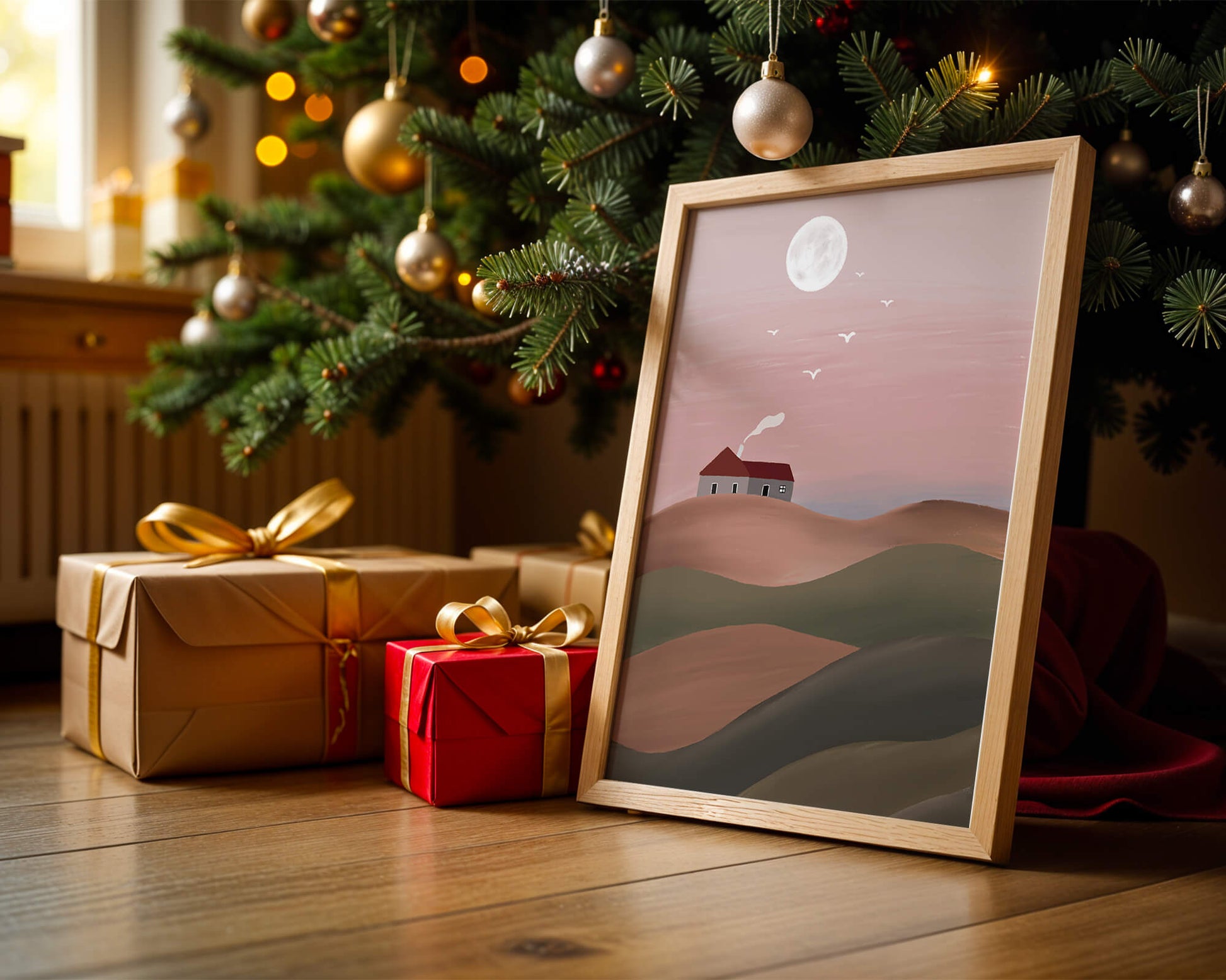 Casa en una colina rosa bajo la luna llena