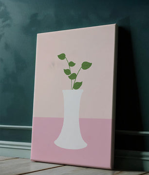 Simple Minimalist Illustration of a White Vase with Green Leaves on a Pink Background - Mi tienda