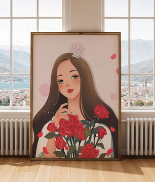 Illustration d'une fille animée avec une couronne et des roses