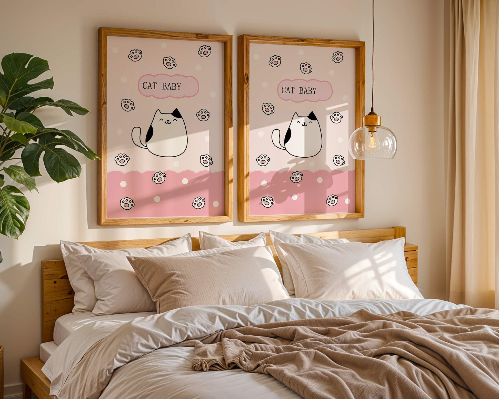 Adorable cat baby illustration with cute paw prints and polka dots