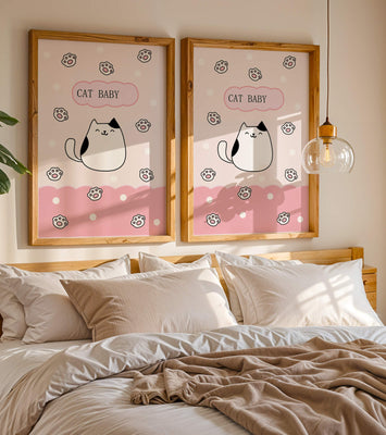 Adorable cat baby illustration with cute paw prints and polka dots