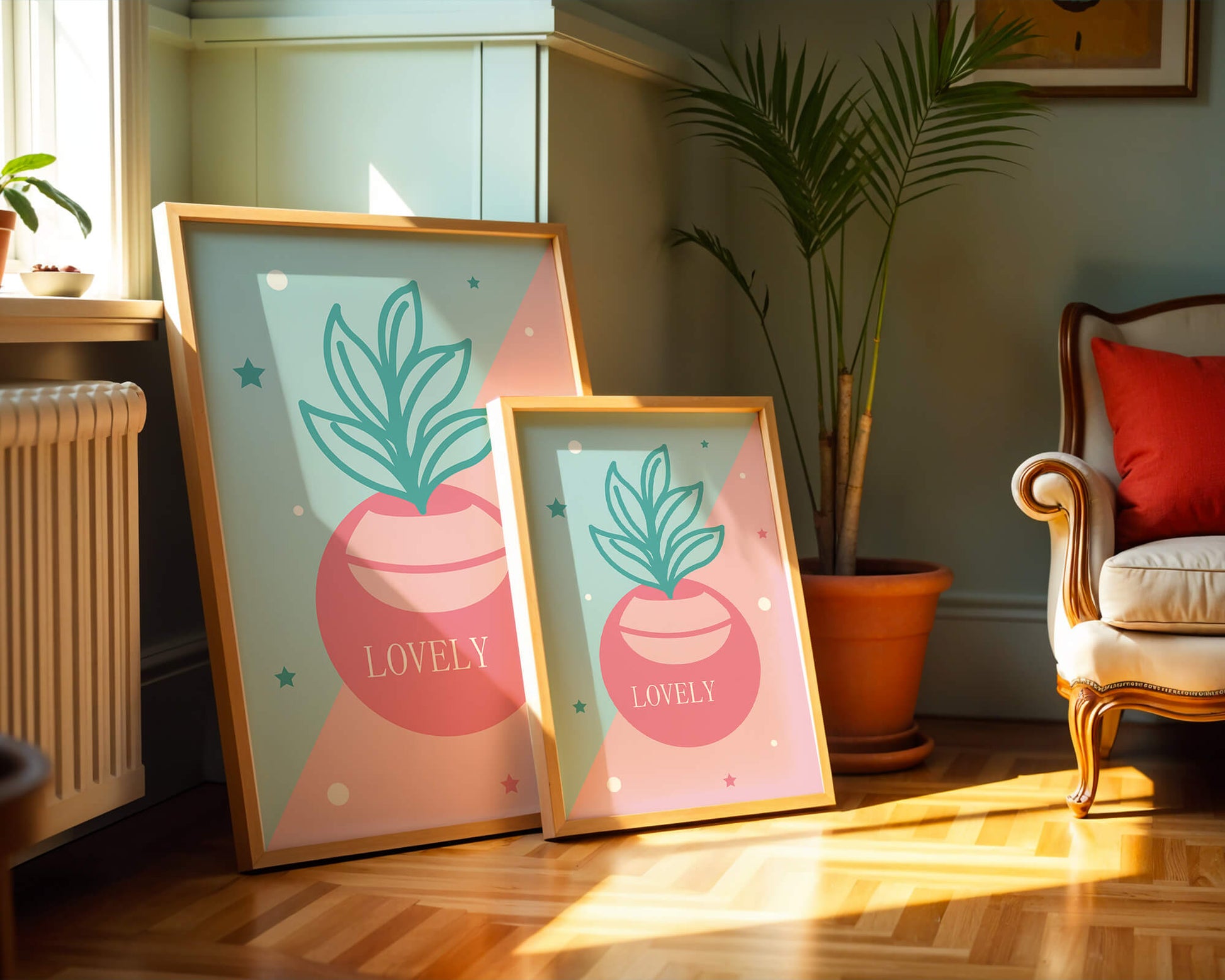Playful pastel illustration with plant motif and stars