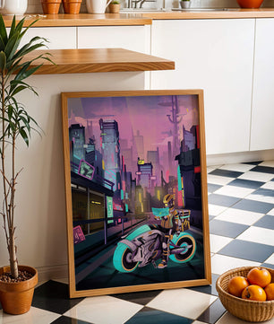 Paisaje urbano futurista cyberpunk con rascacielos iluminados con neón y motociclista