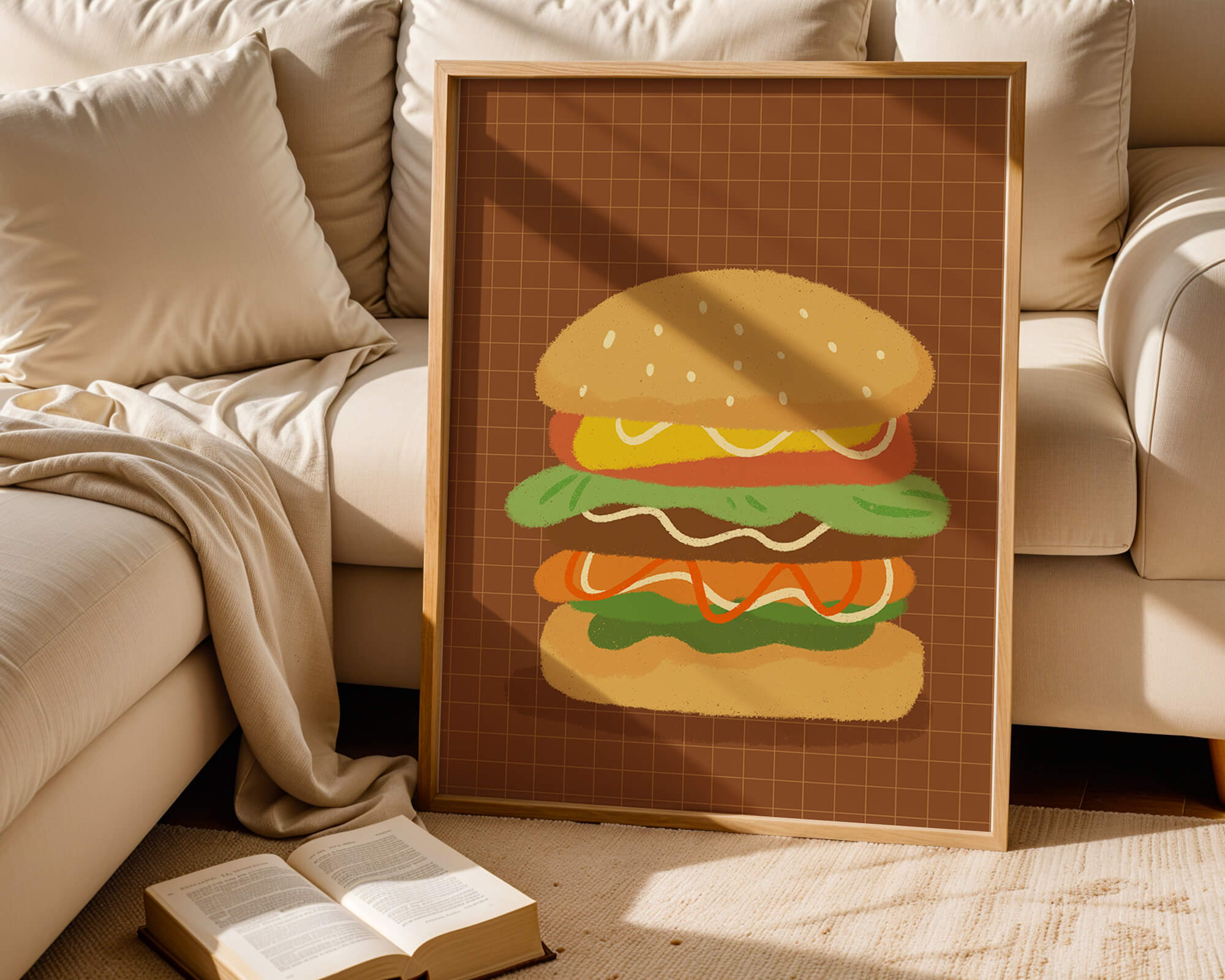 Illustrated cheeseburger with colorful layers on a grid background