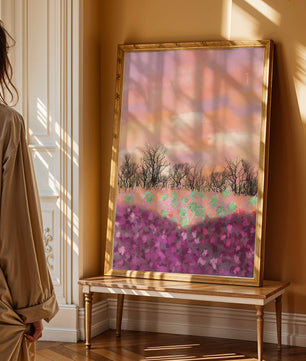 Paisaje sereno con campo floral vibrante y cielo pastel