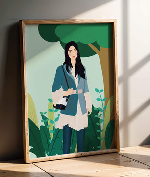 Illustrative portrait of a woman in a stylish outfit with nature backdrop