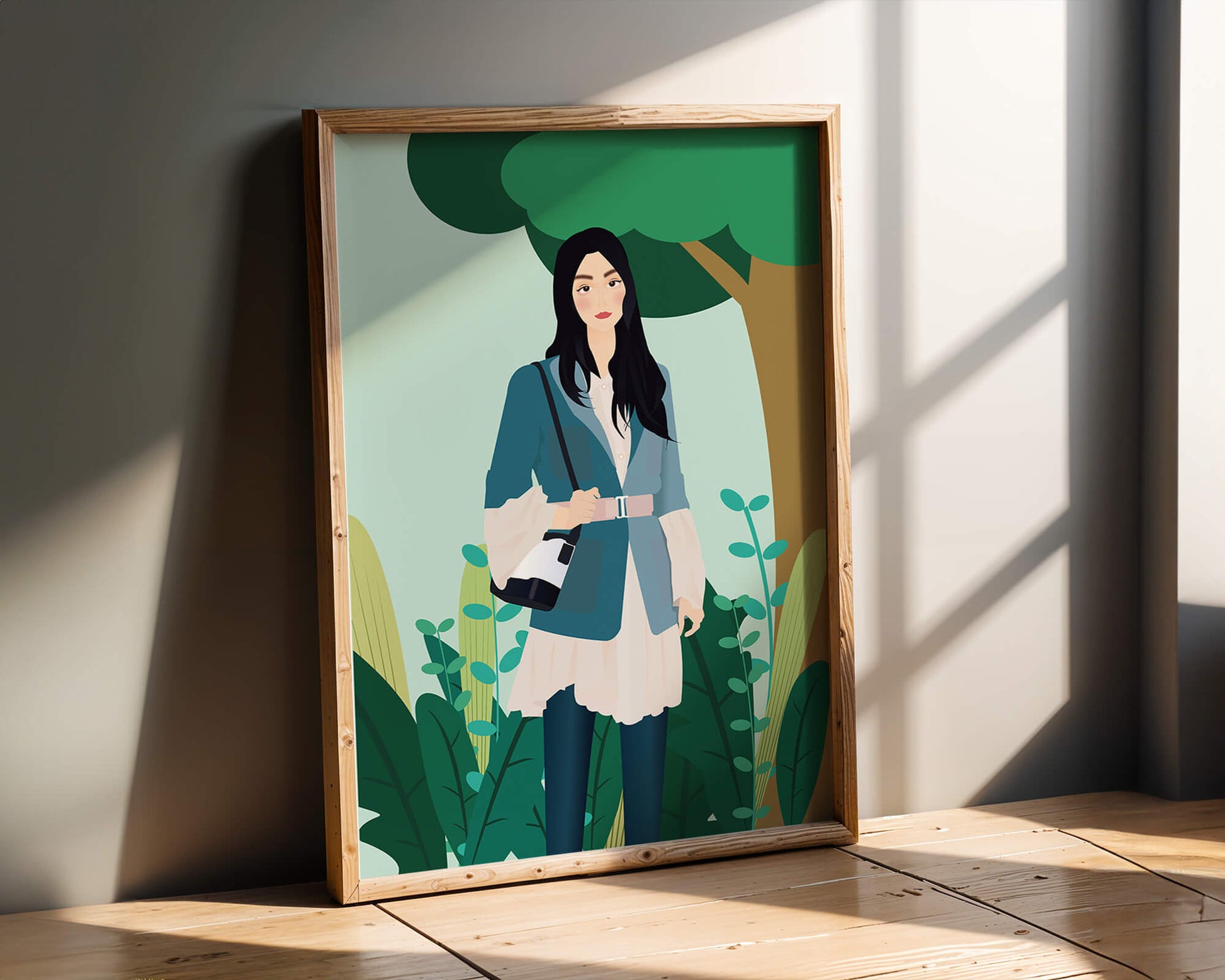 Illustrative portrait of a woman in a stylish outfit with nature backdrop