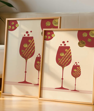 Stylish wine glasses with gold accents and a festive theme