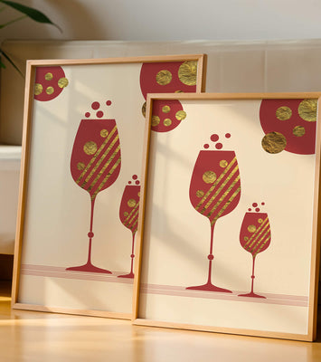 Stylish wine glasses with gold accents and a festive theme