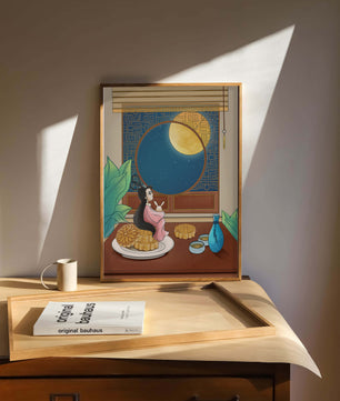 Tranquila escena nocturna con pasteles de luna y una figura mítica